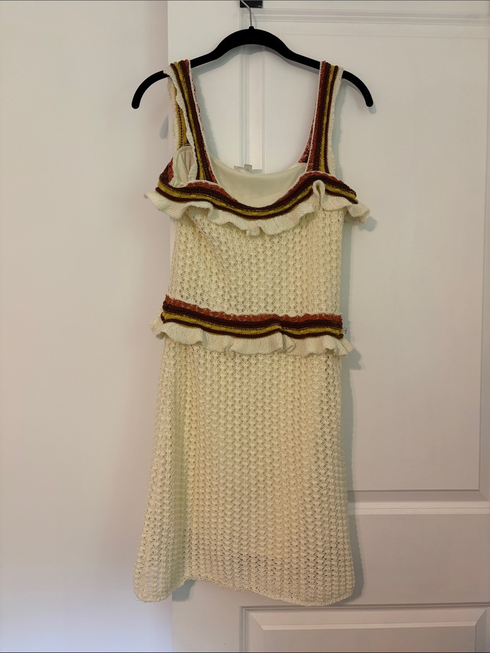 Line & Dot Cream Knit Ruffle Dress with Multicolor Stripe Trim